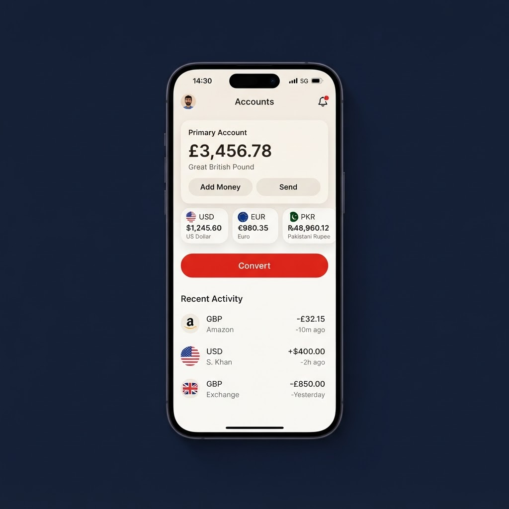The Smartlyy app showing a multi-currency wallet with balances in pounds, dollars, euros and rupees.