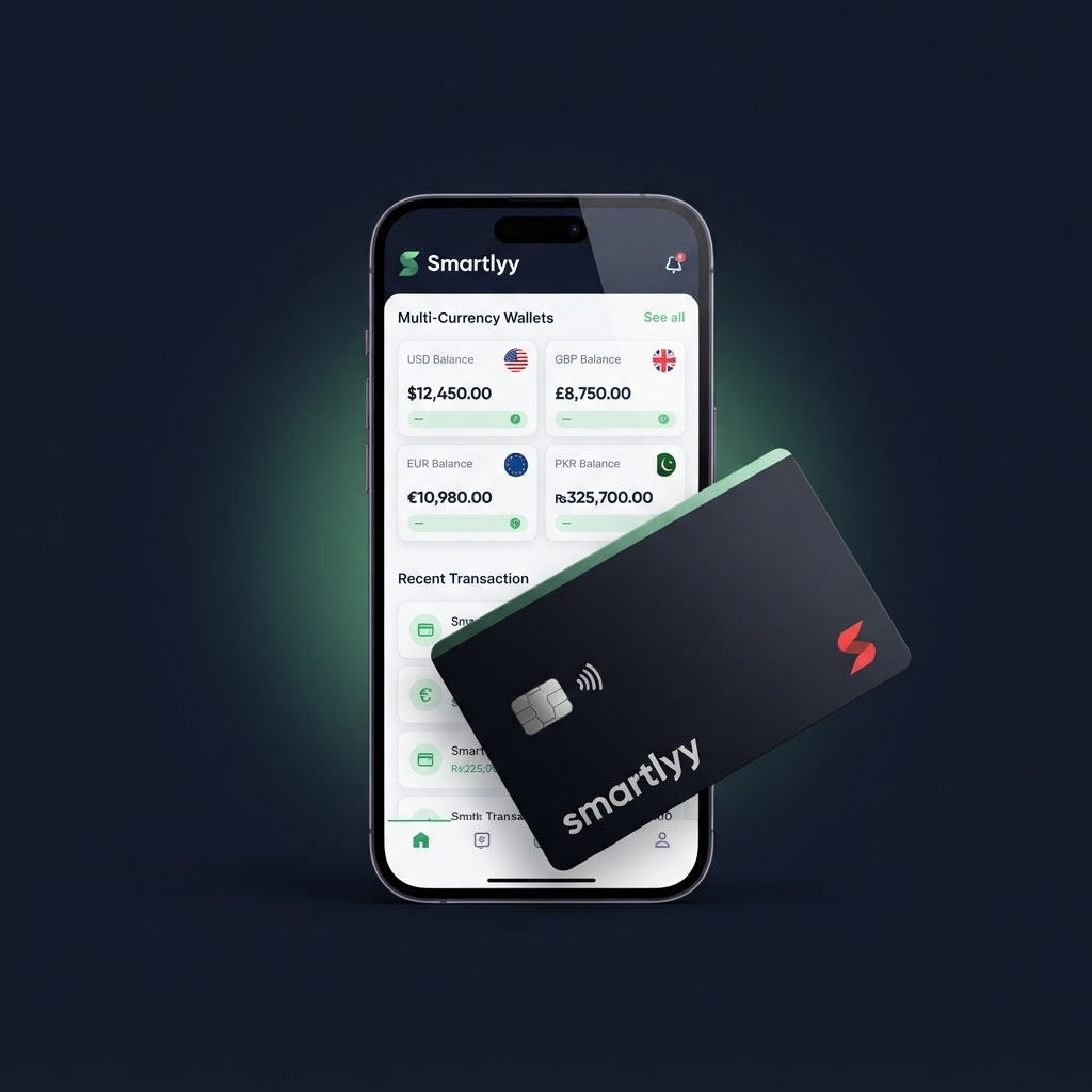 The Smartlyy app open on a phone next to a Smartlyy debit card, showing a multi-currency wallet