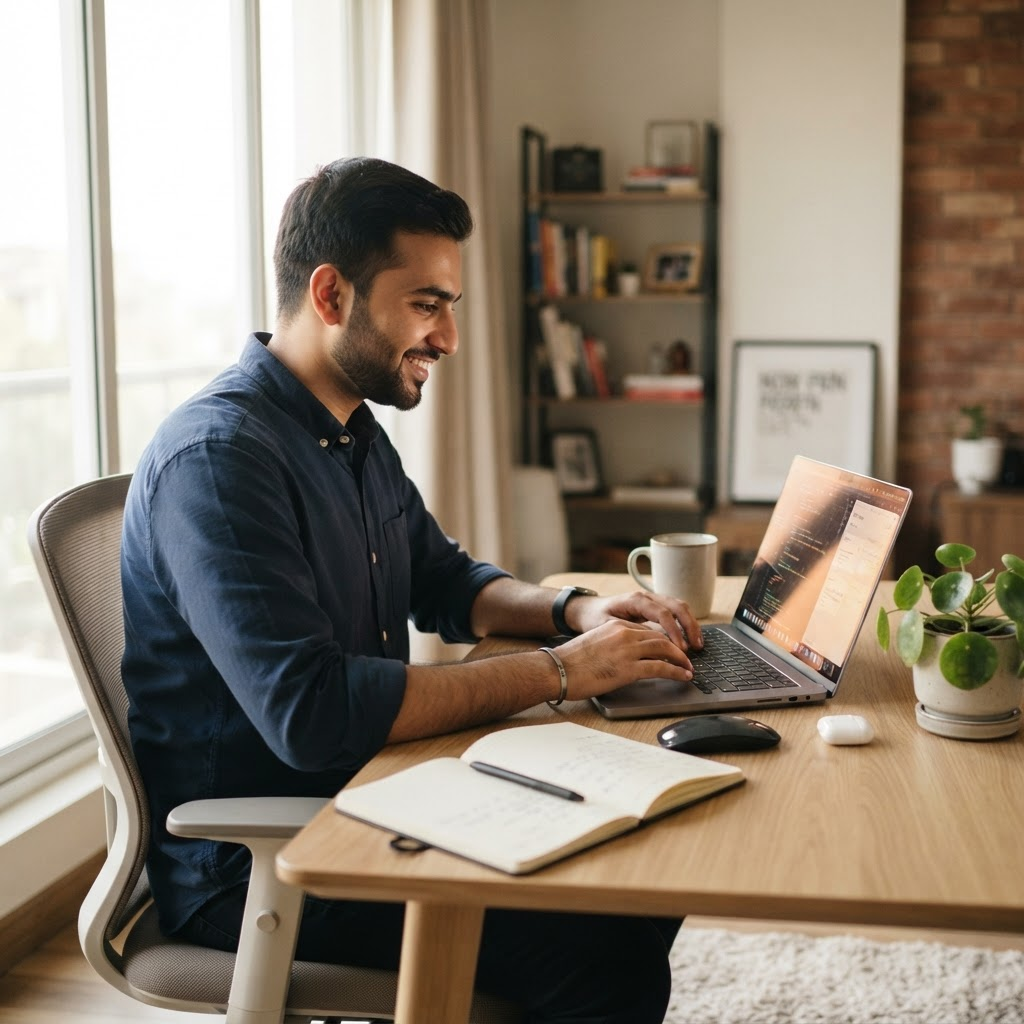 A freelancer working at a laptop, getting paid by clients abroad.