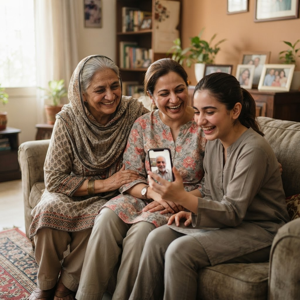 A family together at home, staying connected with a relative abroad.