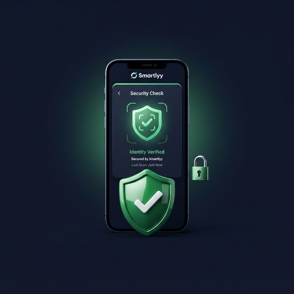 A phone showing Smartlyy identity verification with a green security shield and padlock